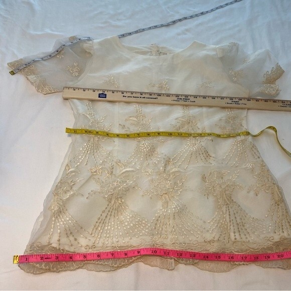 Formal Bridal 2 Piece Ivory Embroidered Sheer Vintage Top Midi Skirt Unique SZ L - Picture 10 of 11